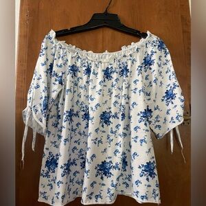 Floral Off-Shoulder Top - Blue and White